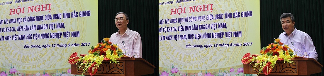 Đại diện lãnh đạo VAST và VNUA - GS.TSKH. Nguyễn Đình Công và PGS.TS. Phạm Văn Cường phát biểu ý kiến tại Hội nghị