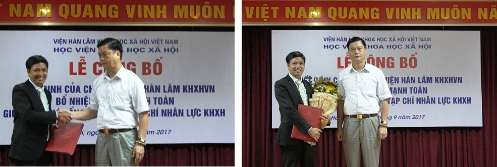 Phó Chủ tịch Viện Hàn lâm - GS.TS. Phạm Văn Đức trao hoa và quyết định cho<br> tân Phó Tổng biên tập